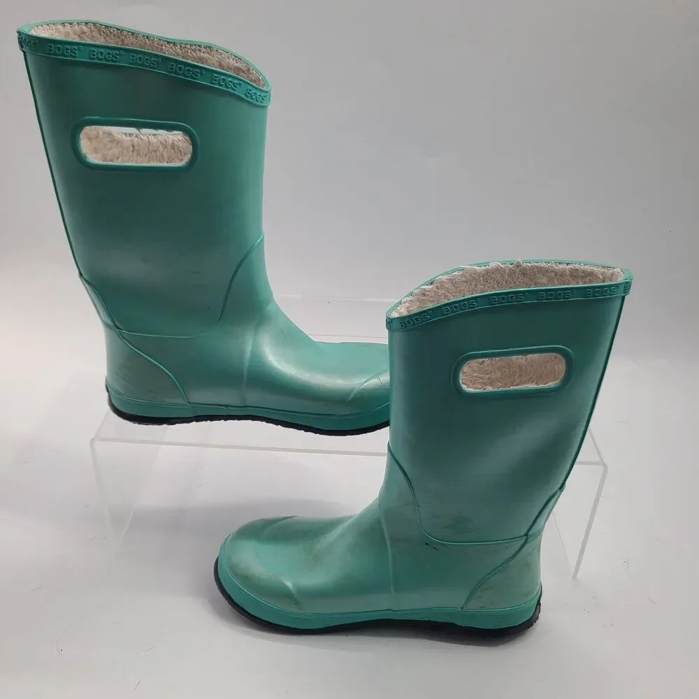 Bogs Youth Metallic Green Rain Boots Shoes Size 6 Faux Fur 72507-441